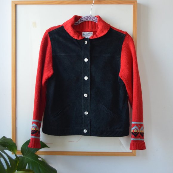 Rare Vintage 90s Pendleton Hybrid Suede Leather Wool Sweater with Pattern Size S - Picture 1 of 6